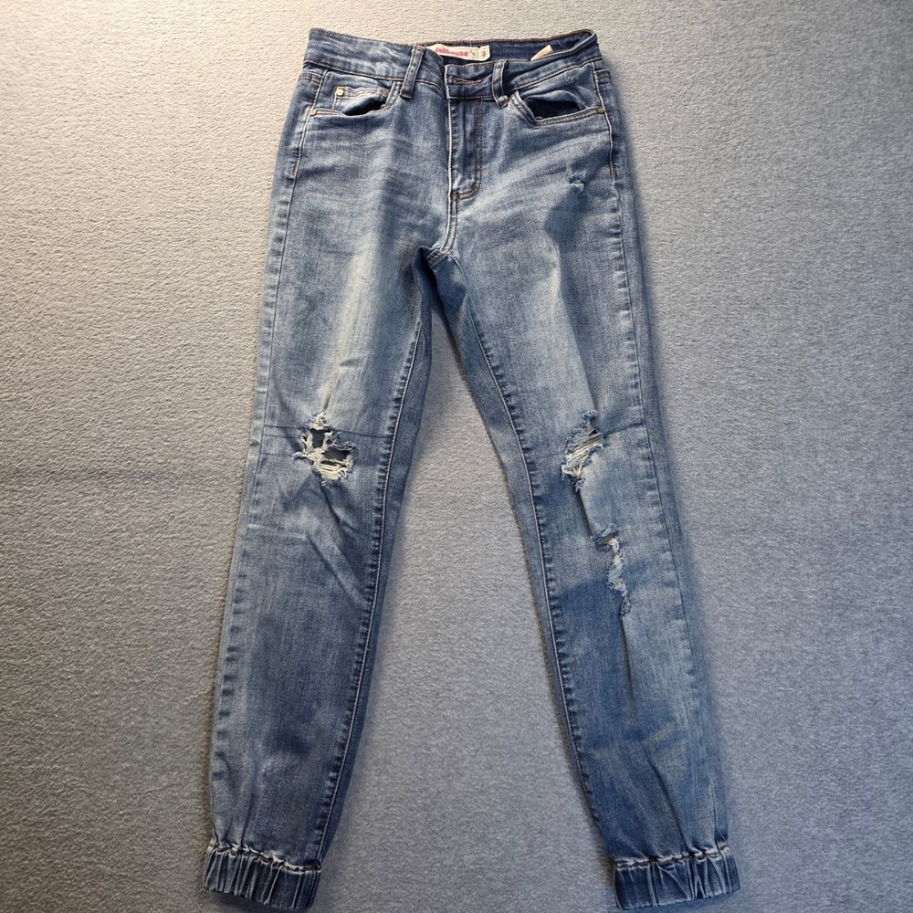 Dollhouse Distressed Denim Jogger Jeans Womens Size 3 Blue Ripped Tapered Y2K